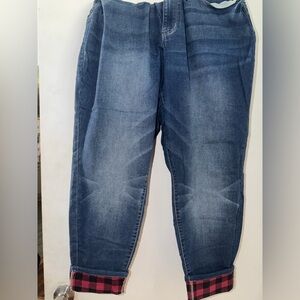 Maurices Jeans Dark Wash Denim and cuffed red and black buffalo plaid ankles.